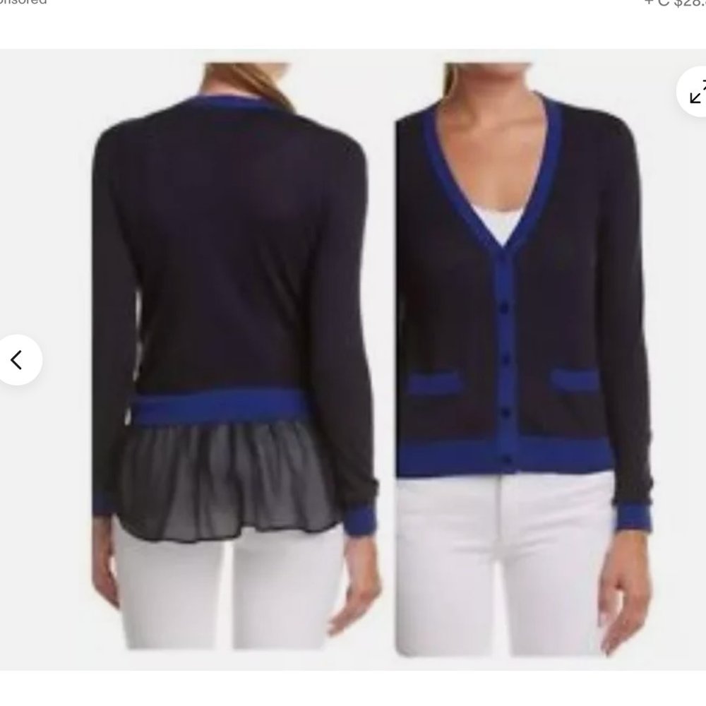 CABI 5016 Michelle Layered Ruffle Blue Cotton Button Cardigan size large